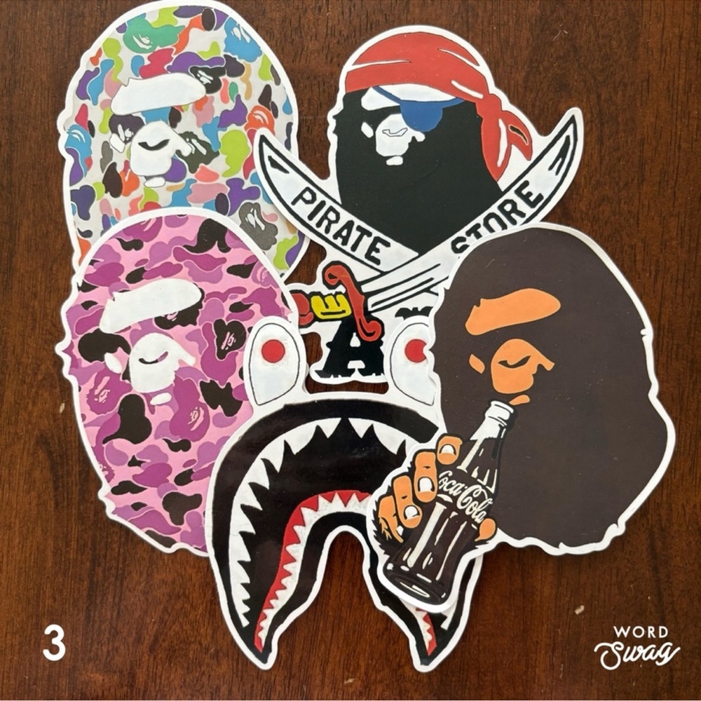 A Bathing Ape (BAPE) Mixed Sticker Set of 5, New- Multicolor Ape Head & Shark